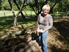 Sutter's Mill Expedition - Julie Steward with her 11.3 gram stone she found by woodpile. SM 15